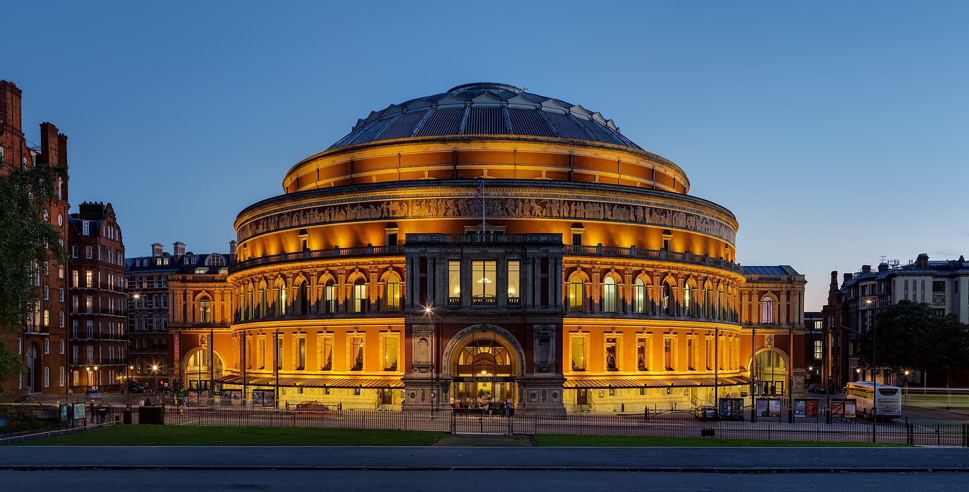 The Royal Albert Hall in London, lit at dusk